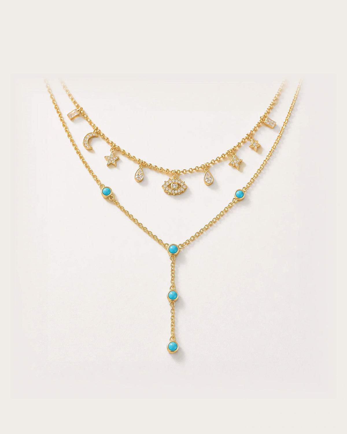 Nocturne Celestial Eye Layered Necklace Set on a soft warm grey background