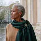 Noir Camellia Brooch styled as a compact floral accent on an emerald scarf