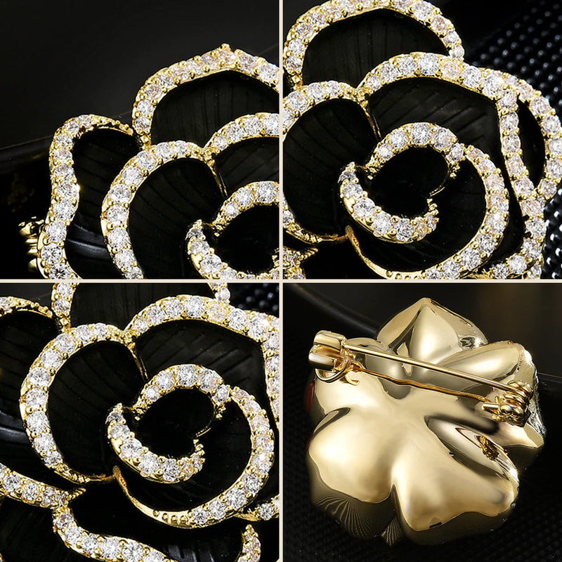 Four close views of the Noir brooch showing ribbed petals, continuous clear zircon borders, centre and pin closure