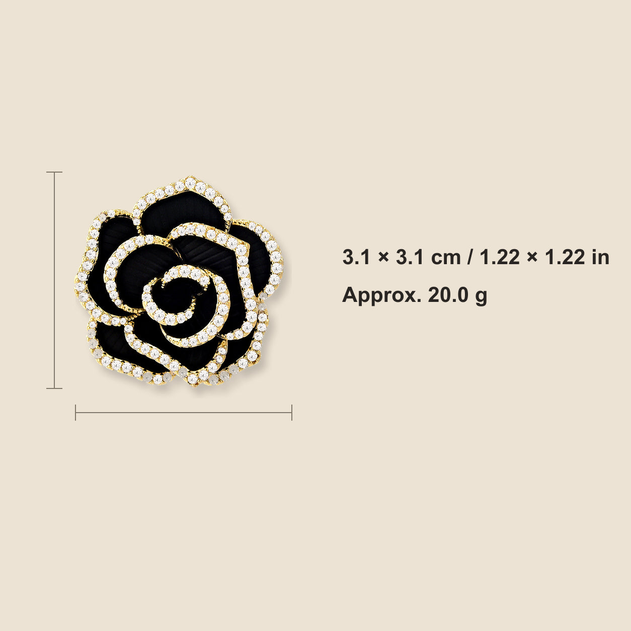 Noir Camellia Brooch size guide showing 3.1 by 3.1 centimetres and approximate weight