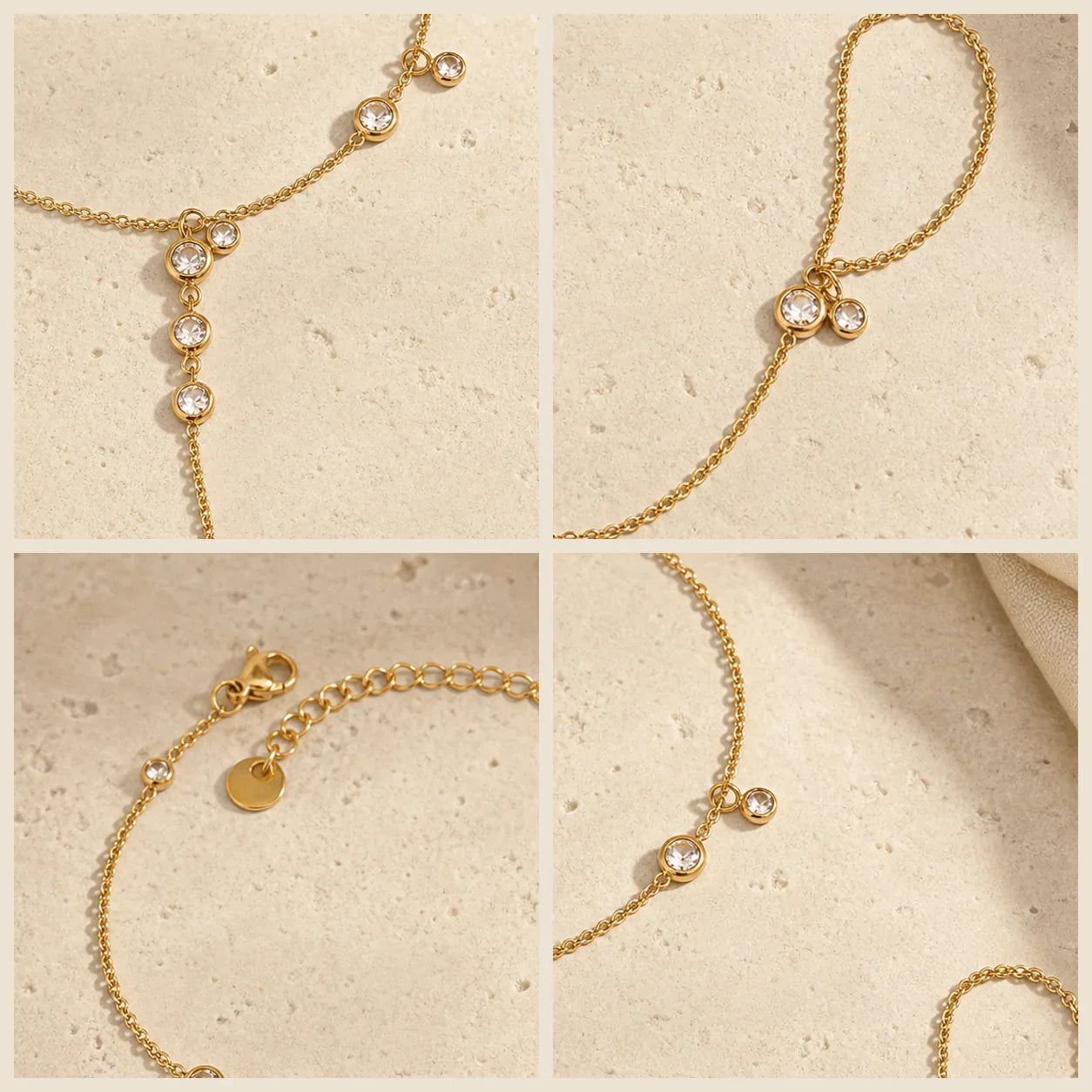 Four close views of Siro Crystal Hand Chain showing the crystal junction, finger loop, clasp, extender and side-stone details