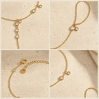 Four close views of Siro Crystal Hand Chain showing the crystal junction, finger loop, clasp, extender and side-stone details