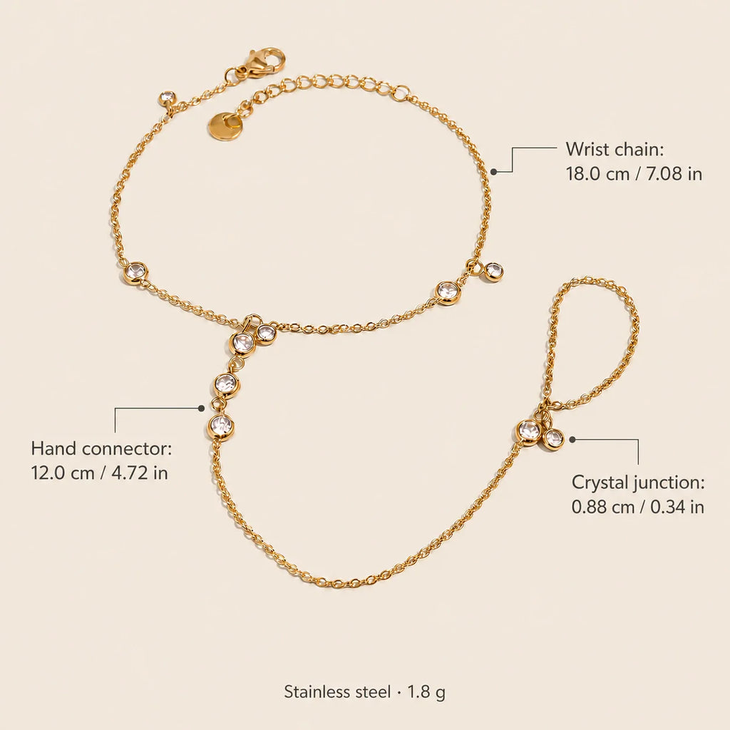 Siro Crystal Hand Chain dimensions showing an 18 centimetre wrist chain, 12 centimetre hand connector and 0.88 centimetre crystal junction