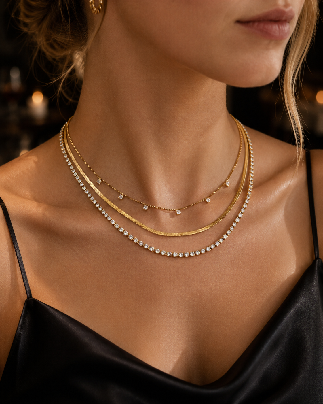 Vesper Line Layered Necklace worn with black satin