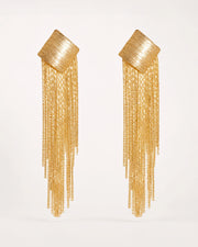 Virta Cascade Gold Earrings on a soft warm grey background