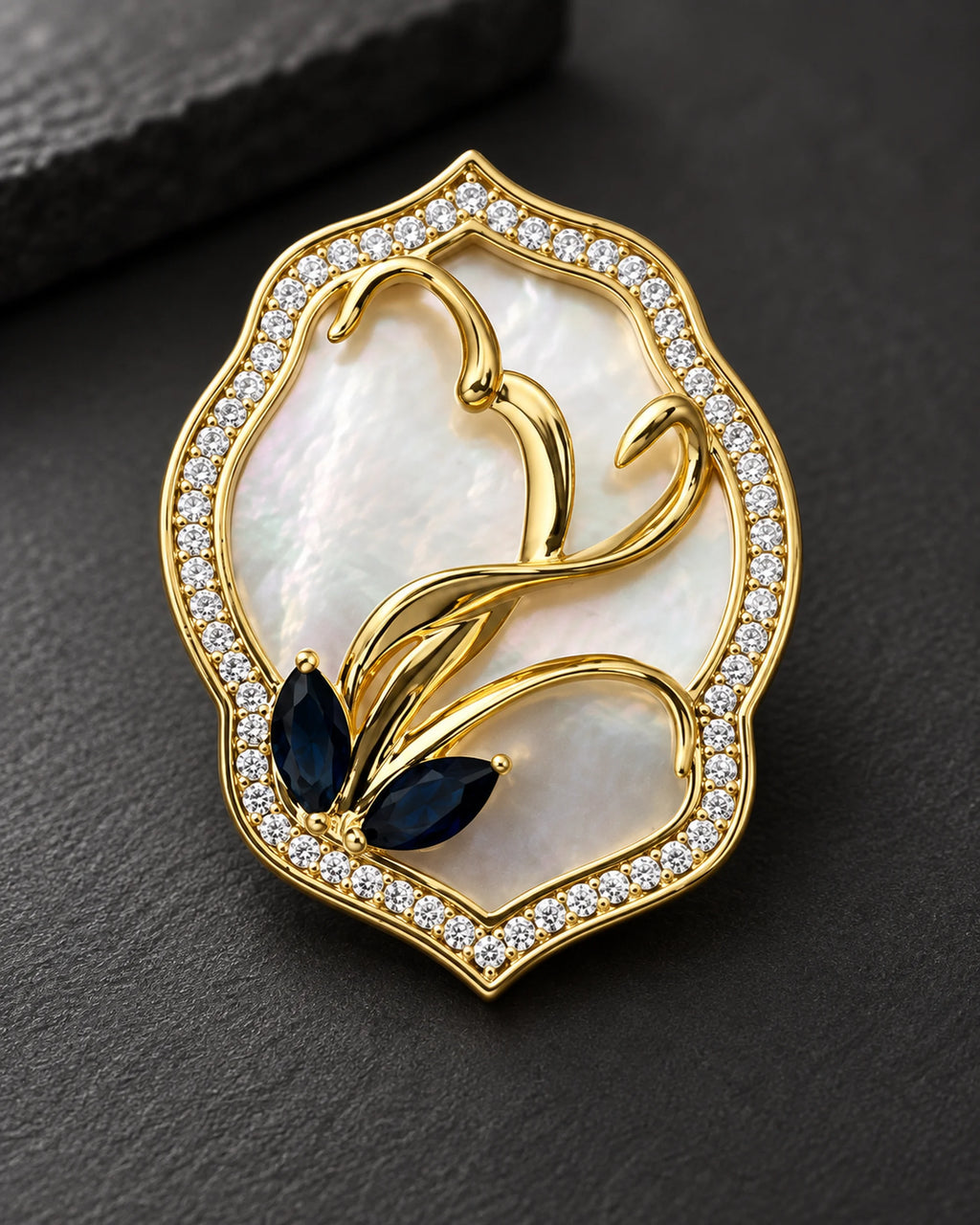 Tuuli Framed Calla Magnetic Brooch, Gold & White, detail close-up