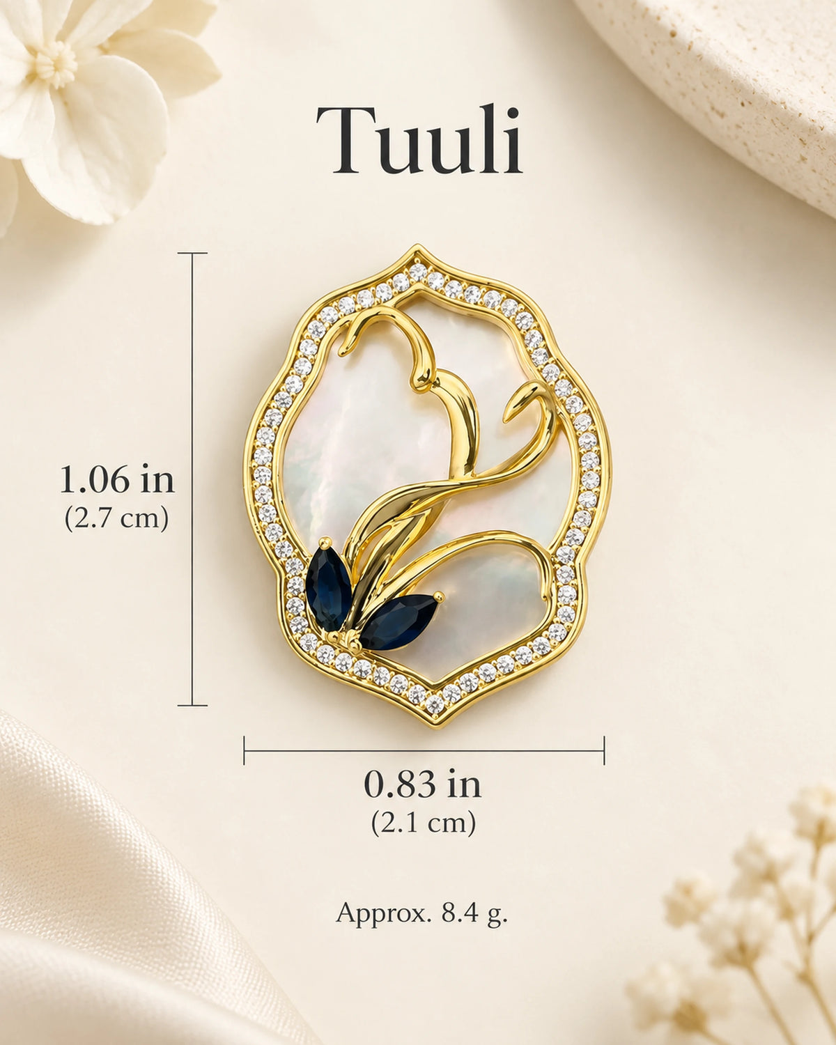 Tuuli Framed Calla Magnetic Brooch size guide: 2.1 cm wide, 2.7 cm high, 8.4 g