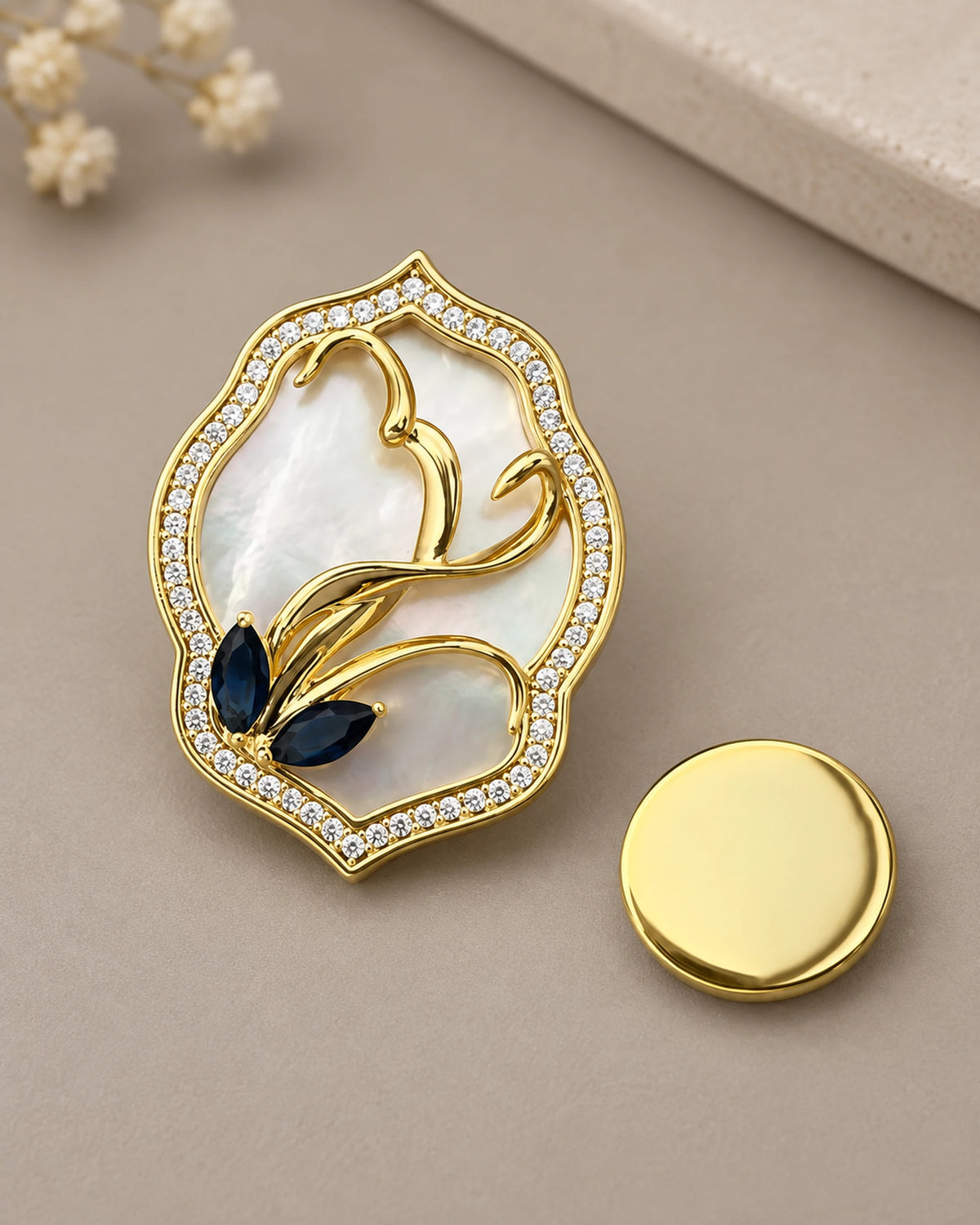 Tuuli Framed Calla Magnetic Brooch, Gold & White with separate magnetic backing