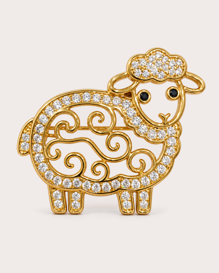 Ulla Openwork Crystal Sheep Brooch in Gold, front view