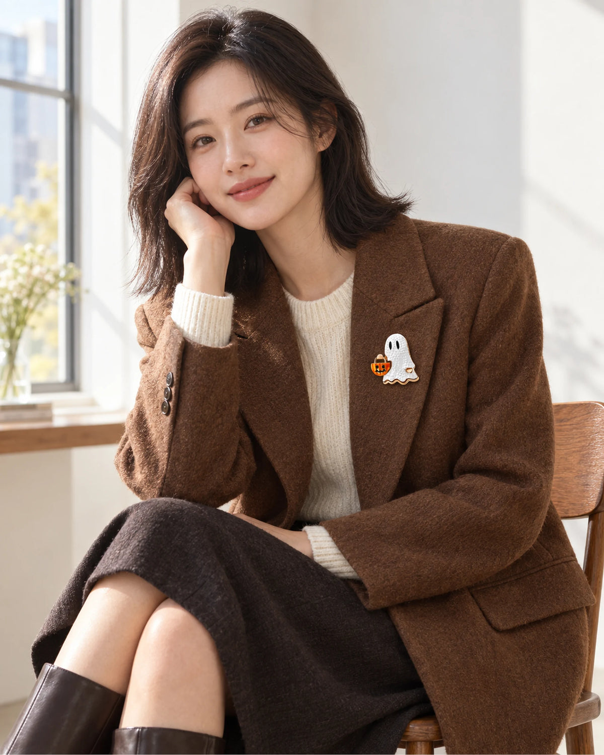Usva's white silhouette stays clear against a brown blazer and cream knit.