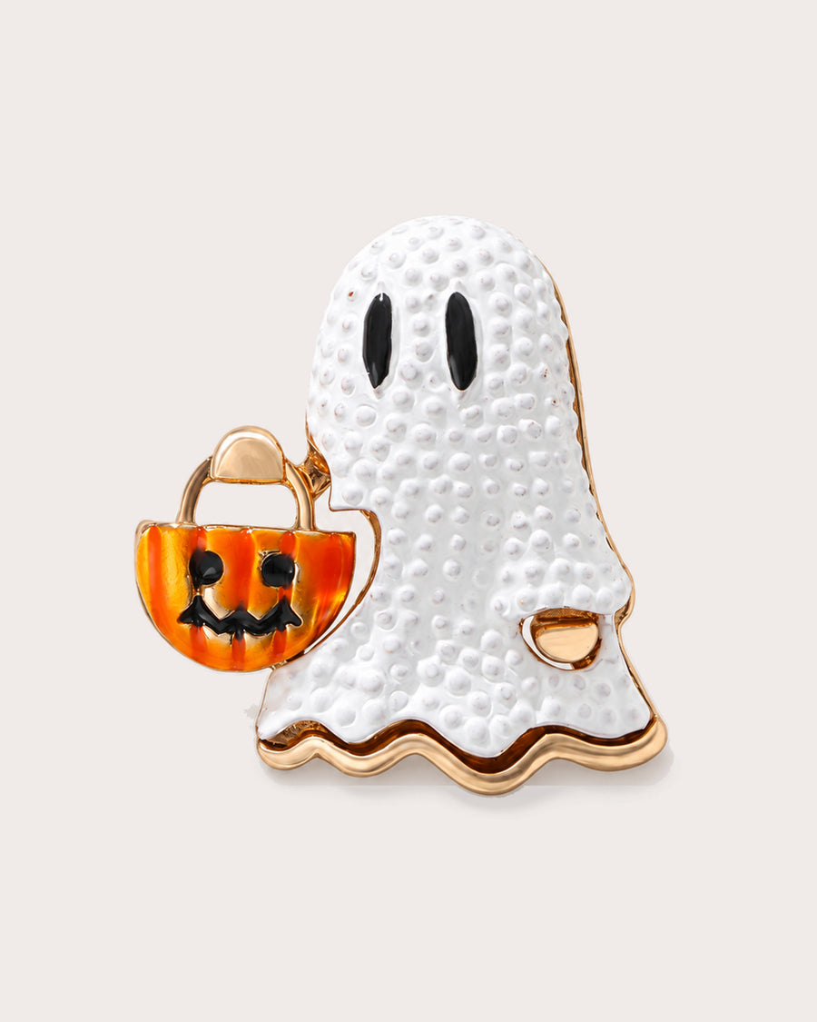 Usva Ghost Pumpkin Bucket Brooch in White & Orange, front view