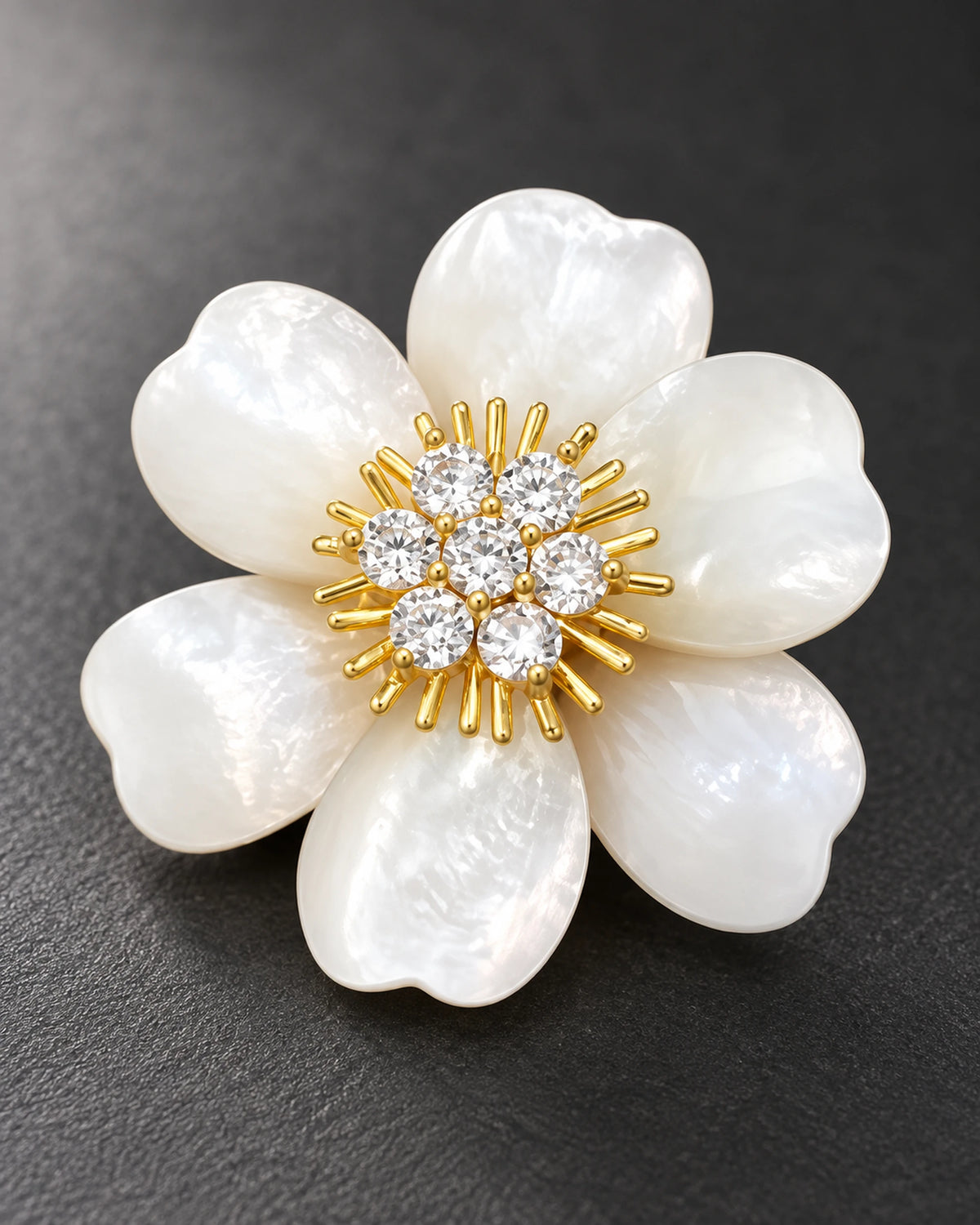 Vieno White Shell Flower Magnetic Brooch, Gold & White, detail close-up