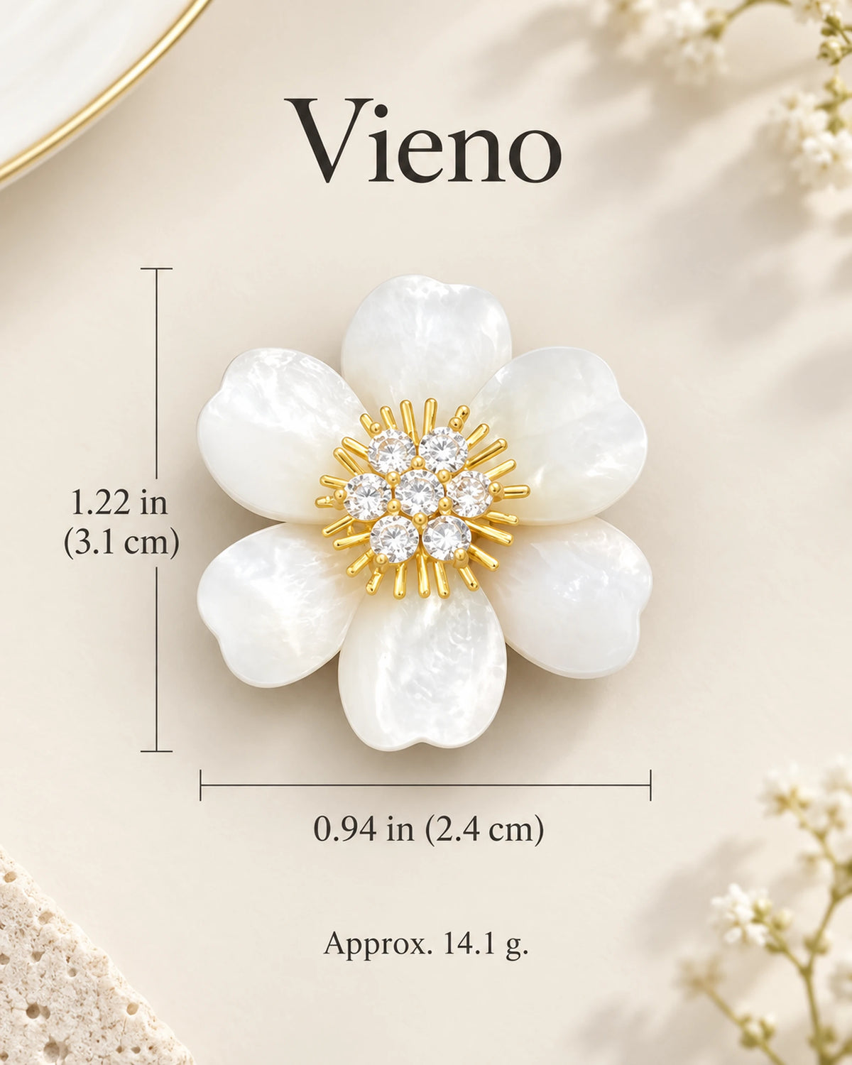 Vieno White Shell Flower Magnetic Brooch size guide: 2.4 cm wide, 3.1 cm high, 14.1 g