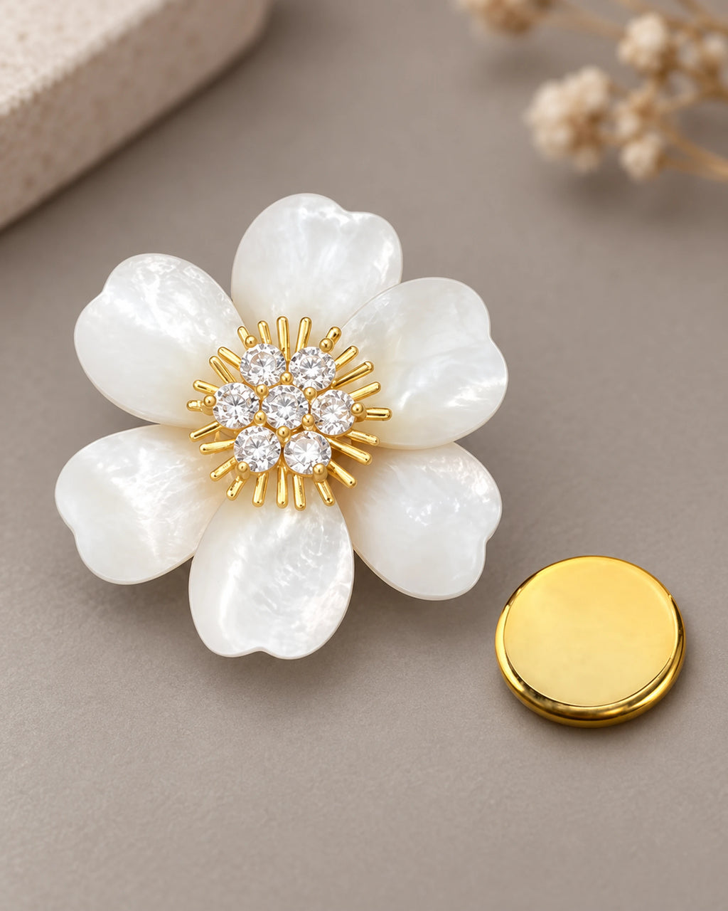 Vieno White Shell Flower Magnetic Brooch, Gold & White with separate magnetic backing