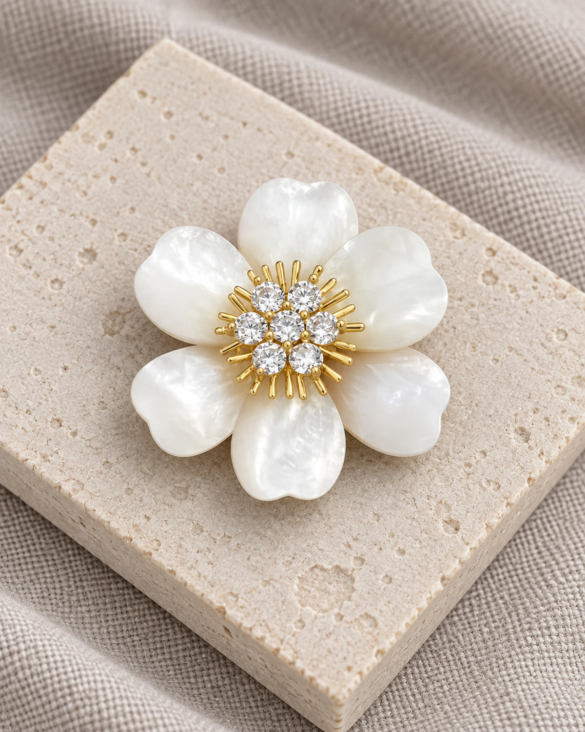 Vieno White Shell Flower Magnetic Brooch, Gold & White, product still life