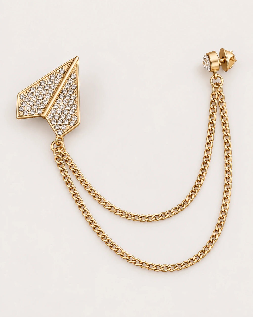 Viesti Paper Plane Lapel Chain Brooch in gold-tone finish; complete front view