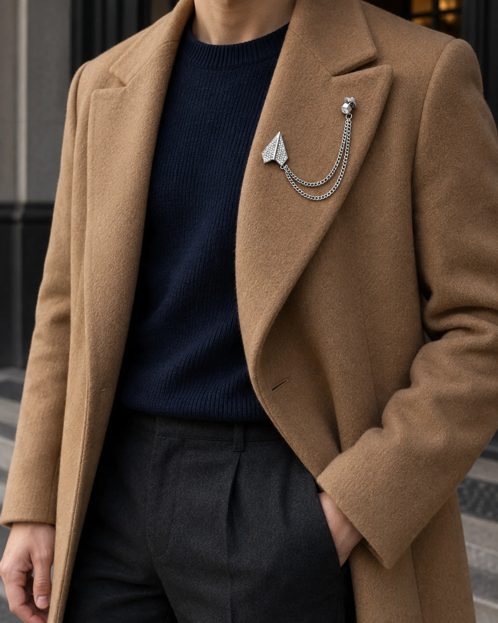 Viesti Paper Plane Lapel Chain Brooch in silver-tone finish; wider faceless jacket styling