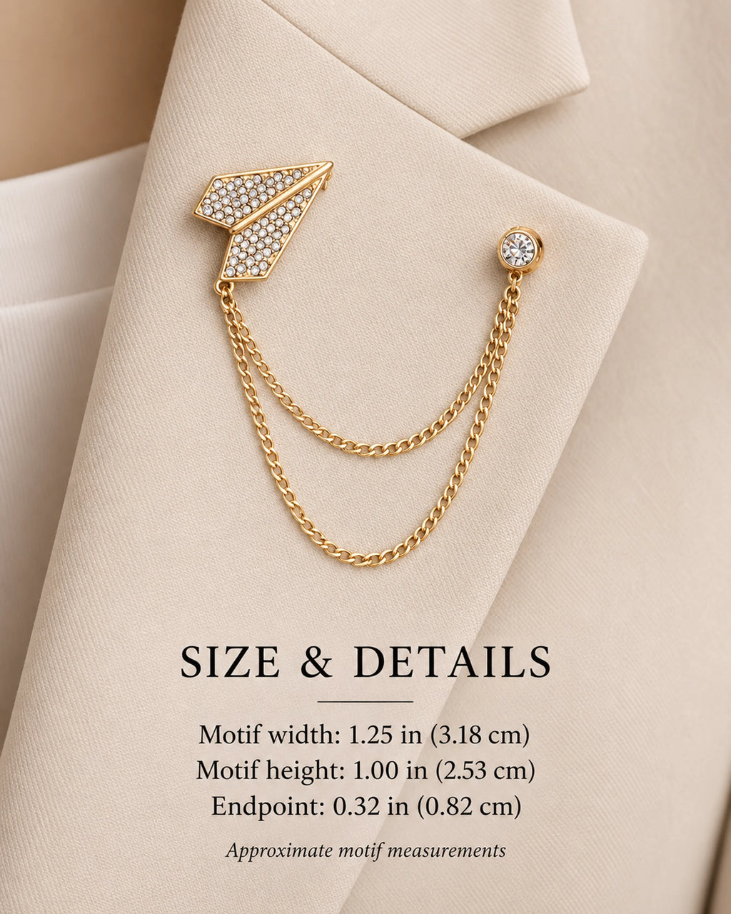 Viesti Paper Plane Lapel Chain Brooch in gold-tone finish; motif and endpoint dimensions