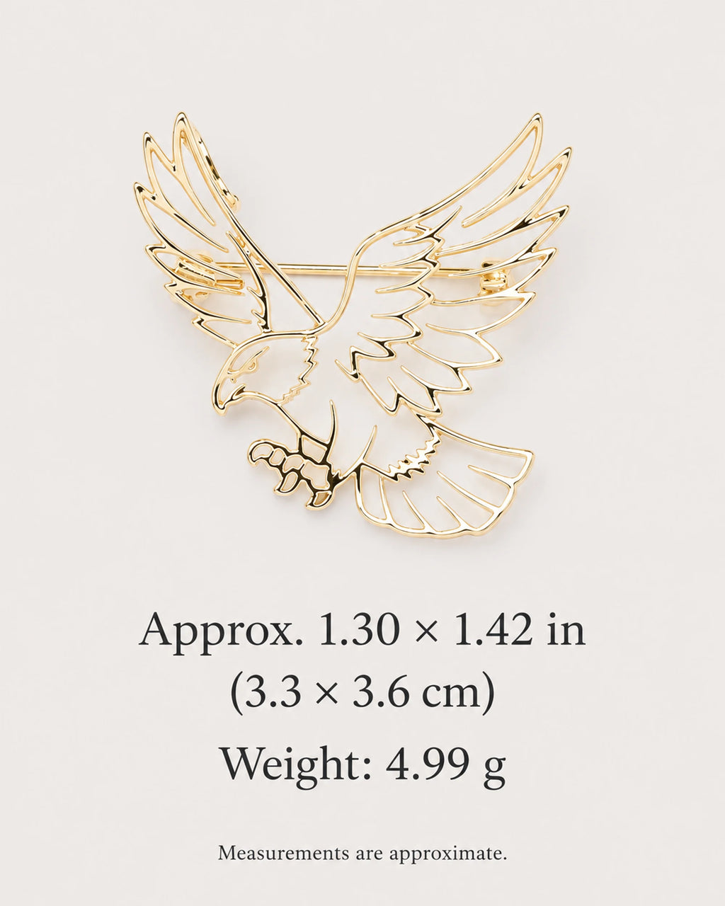 Vinge size: approximately 1.30 by 1.42 inches, 3.3 by 3.6 cm; weight 4.99 g