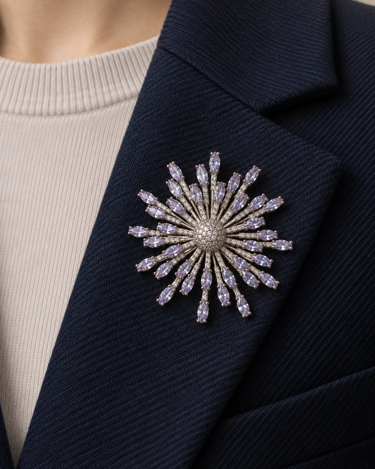 Viola pinned inside a navy wool blazer lapel, close wearing view