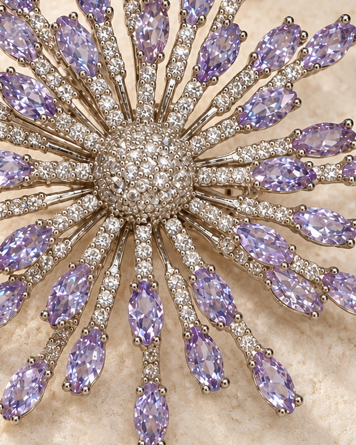 Detail of Viola lavender zircon tips, clear pavé stems and central hub