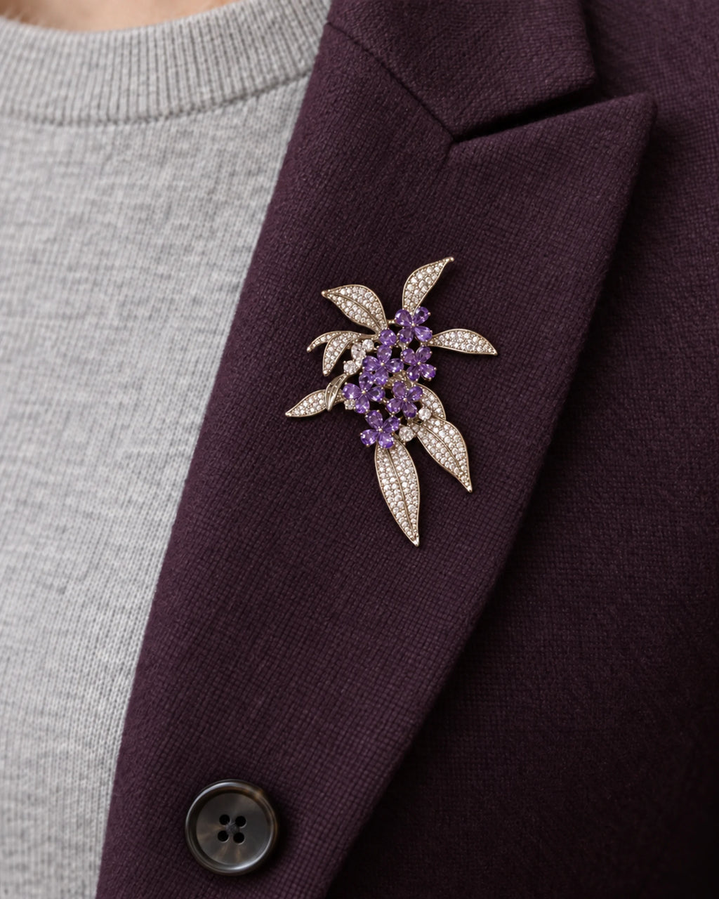 Violetta Purple Flower Cluster Brooch — close wearing view on a tailored lapel