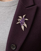 Violetta Purple Flower Cluster Brooch — close wearing view on a tailored lapel