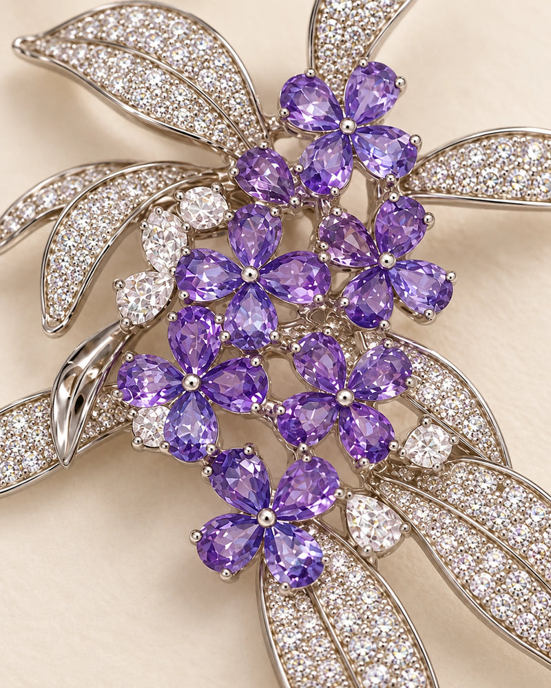 Violetta Purple Flower Cluster Brooch — stone and metal detail close-up