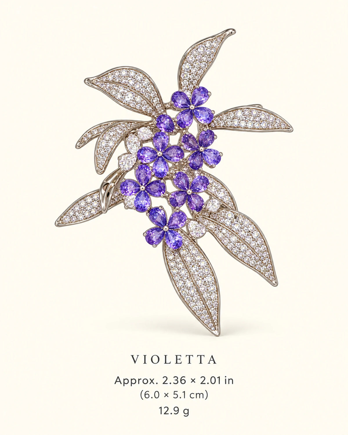 Violetta Purple Flower Cluster Brooch — verified dimensions guide