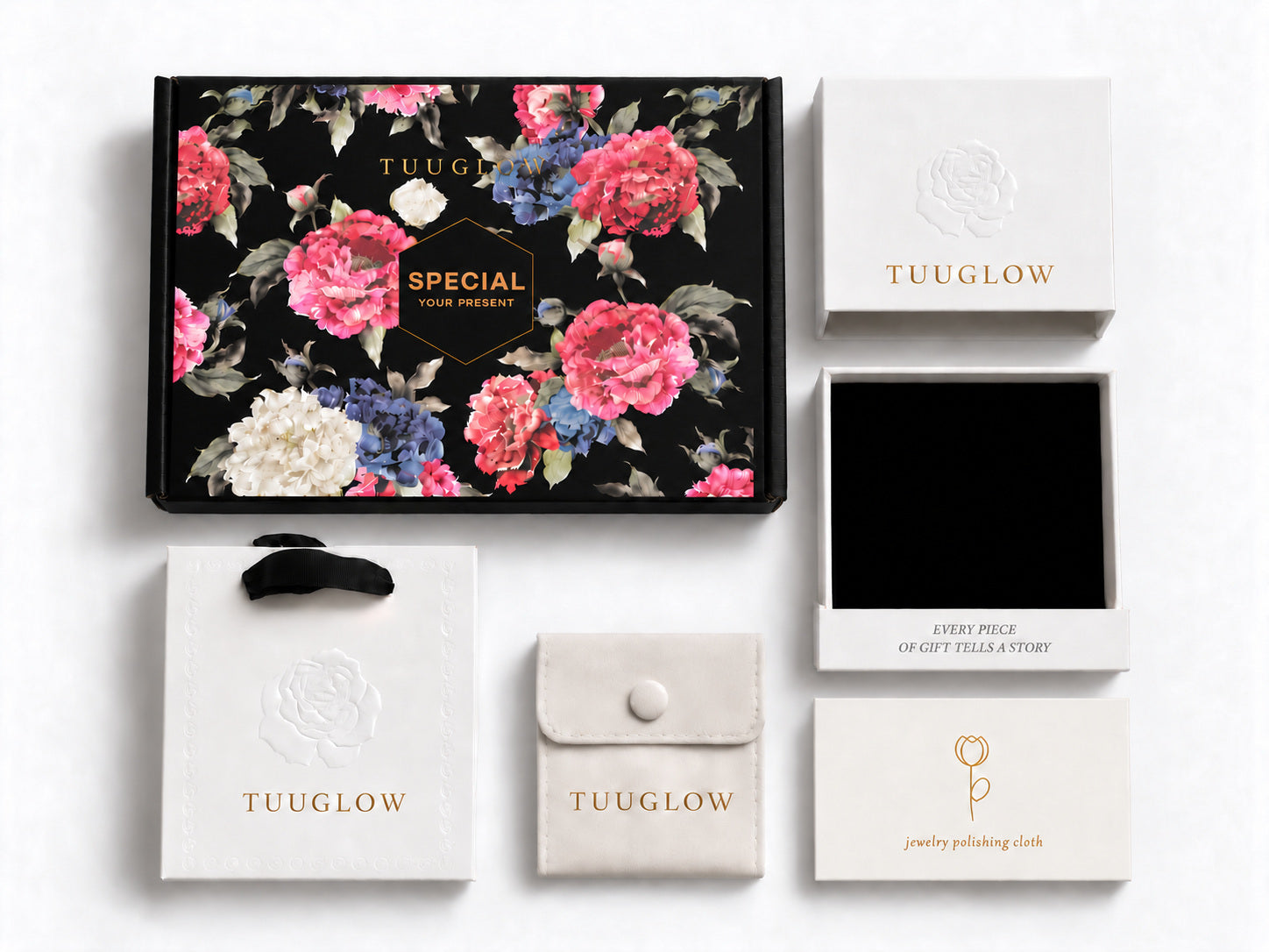 TUUGLOW floral outer box, jewelry box, jewelry pouch, gift bag and paper-wrapped polishing cloth