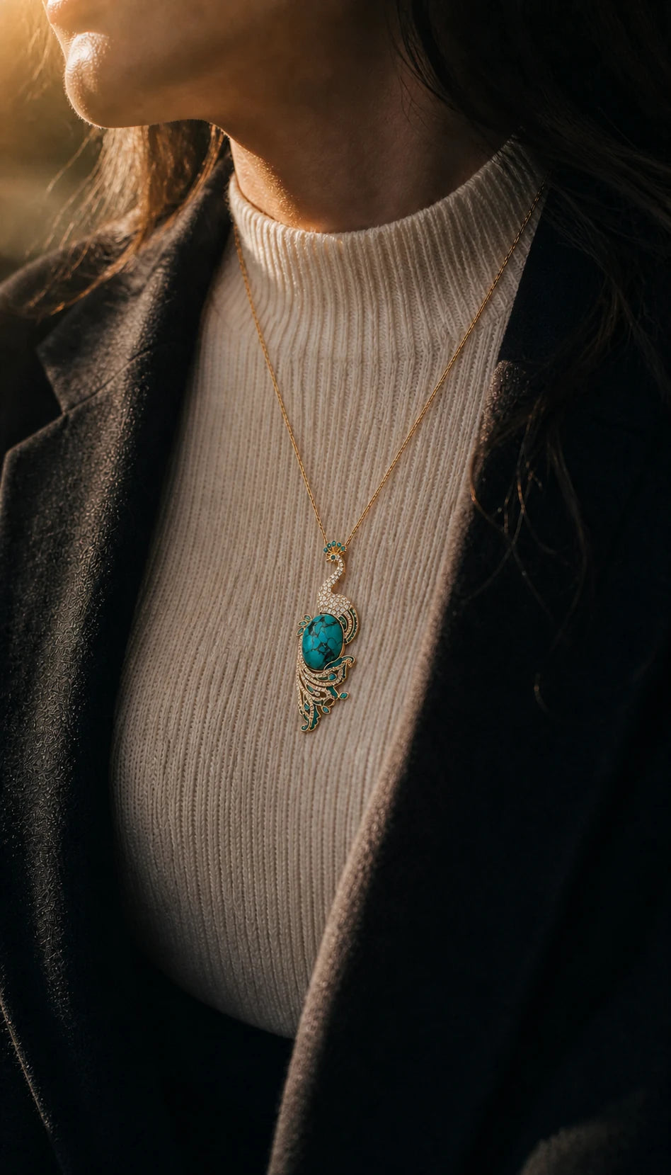 Pava Turquoise-Tone Peacock Pendant Necklace worn over light knitwear