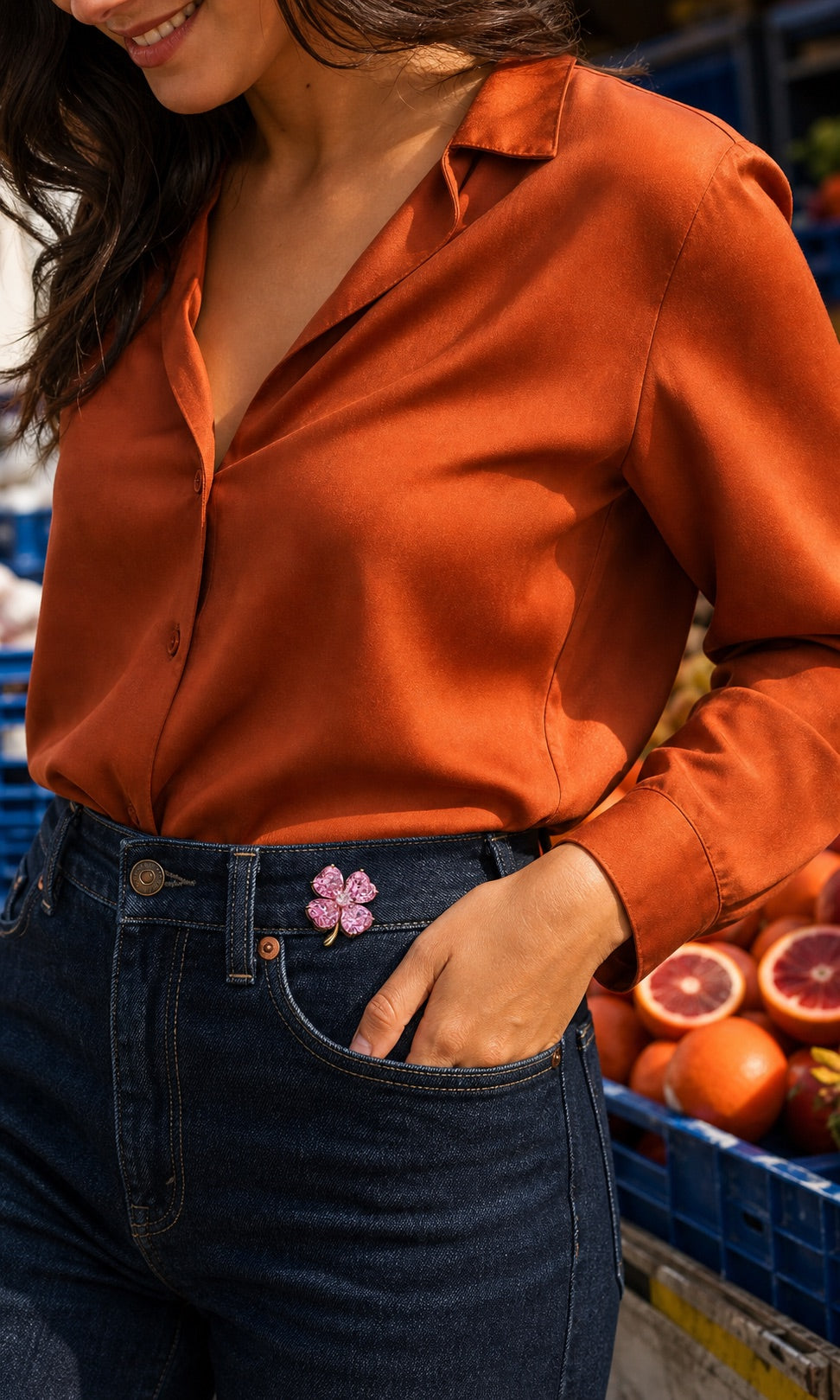 Blush Pink clover brooch worn on denim