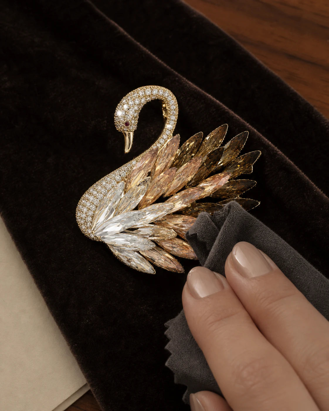 Odette Gold Crystal Swan Brooch on espresso velvet while a soft cloth passes over the crystal wing