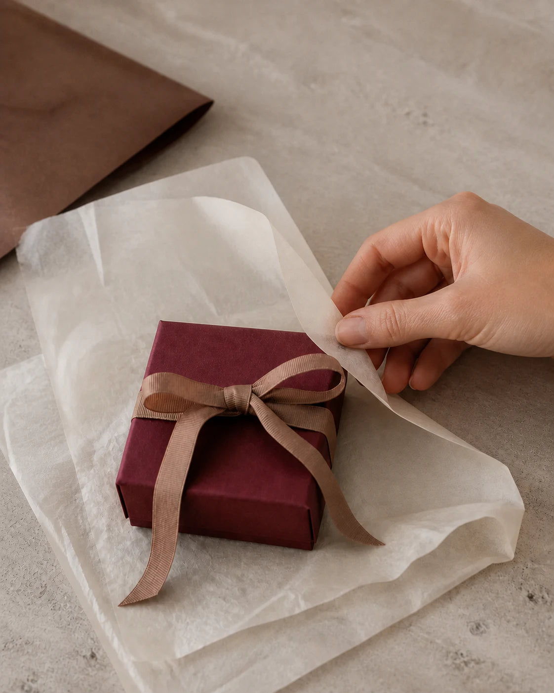 Burgundy TUUGLOW gift box being wrapped in ivory tissue before dispatch